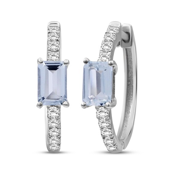 Emerald-Cut Aquamarine & White Lab-Created Sapphire Hoop Earrings Sterling Silver
