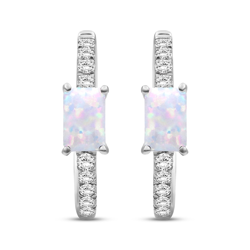 Main Image 2 of Emerald-Cut Lab-Created Opal & White Lab-Created Sapphire Hoop Earrings Sterling Silver
