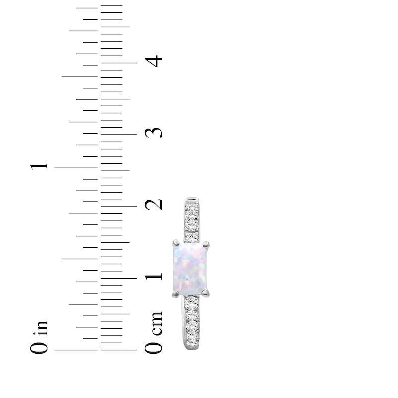 Main Image 3 of Emerald-Cut Lab-Created Opal & White Lab-Created Sapphire Hoop Earrings Sterling Silver