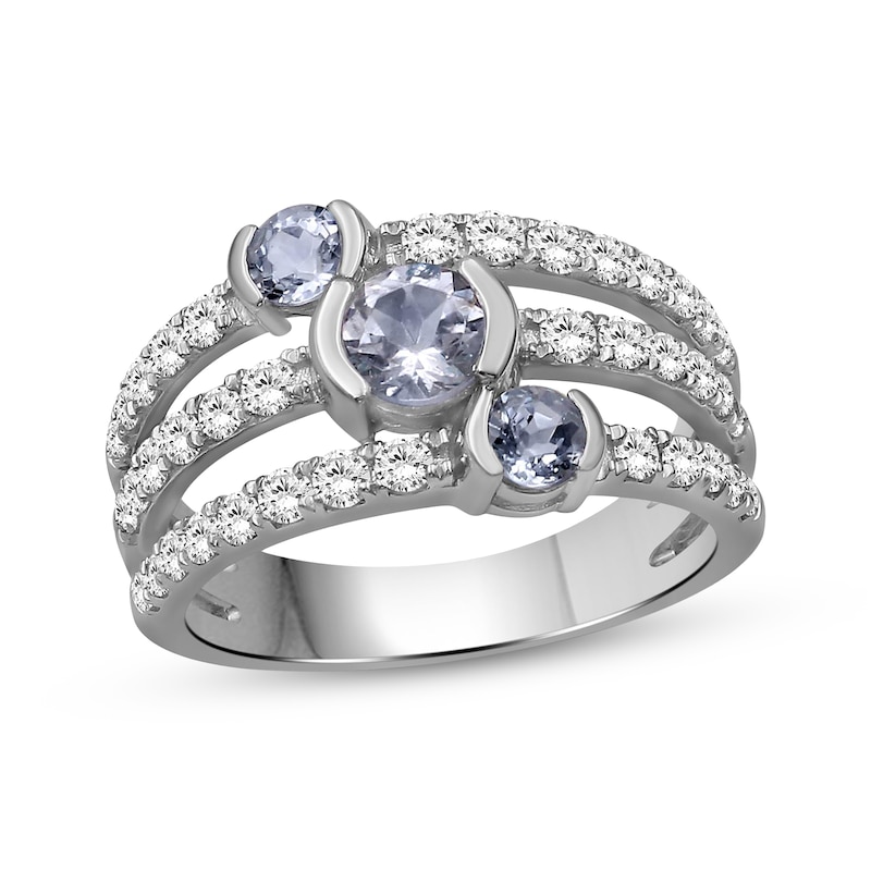 Main Image 1 of Aquamarine & White Lab-Created Sapphire Three-Row Ring Sterling Silver