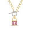 Thumbnail Image 1 of Pink & White Lab-Created Sapphire Lock Toggle Paperclip Necklace 24K Yellow Gold Vermeil Sterling Silver 18"