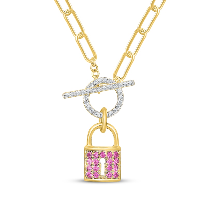 Main Image 1 of Pink & White Lab-Created Sapphire Lock Toggle Paperclip Necklace 24K Yellow Gold Vermeil Sterling Silver 18"