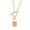 Thumbnail Image 2 of Pink & White Lab-Created Sapphire Lock Toggle Paperclip Necklace 24K Yellow Gold Vermeil Sterling Silver 18"