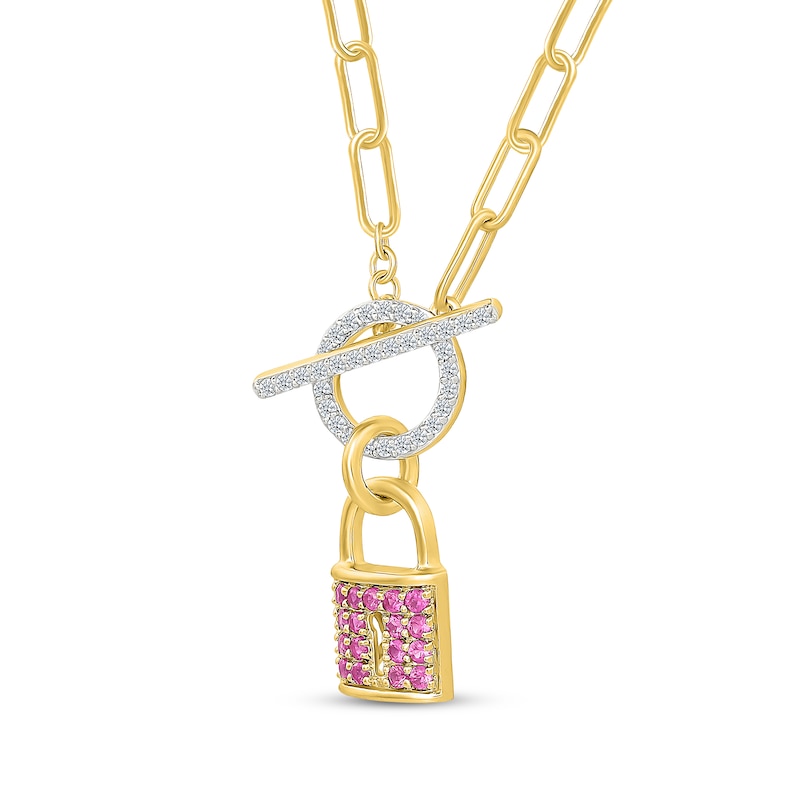 Main Image 2 of Pink & White Lab-Created Sapphire Lock Toggle Paperclip Necklace 24K Yellow Gold Vermeil Sterling Silver 18"