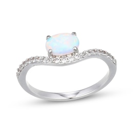 Oval-Shaped Lab-Created Opal & White Lab-Created Sapphire Ring Sterling Silver