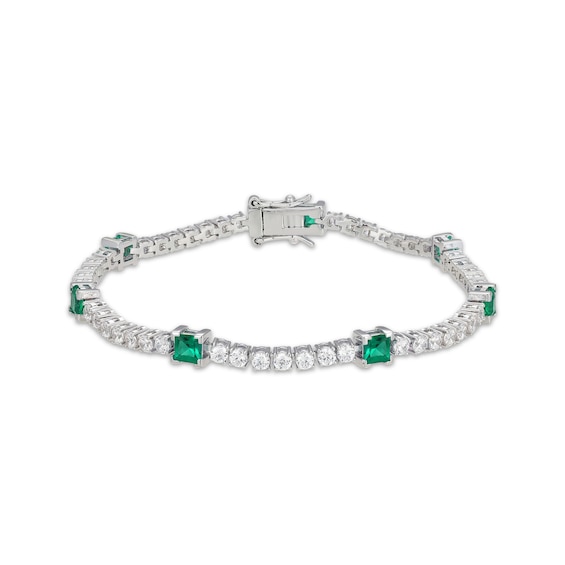 Square-Cut Lab-Created Emerald & White Lab-Created Sapphire Line Bracelet Sterling Silver 7.25"