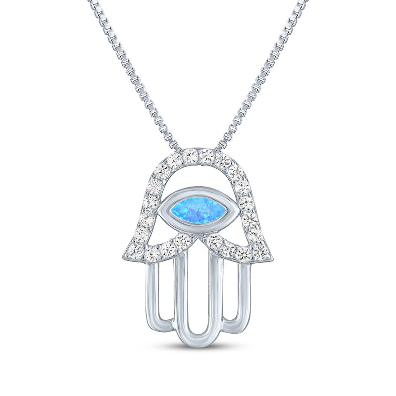 Main Image 2 of Blue Lab-Created Opal & White Lab-Created Sapphire Evil Eye Hamsa Necklace Sterling Silver 18"