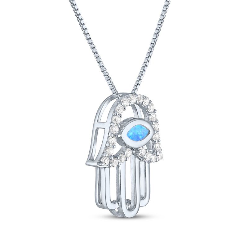 Main Image 3 of Blue Lab-Created Opal & White Lab-Created Sapphire Evil Eye Hamsa Necklace Sterling Silver 18"