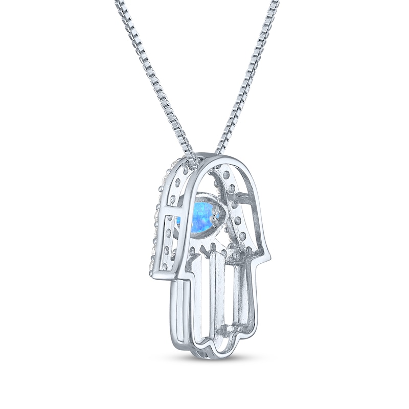 Main Image 4 of Blue Lab-Created Opal & White Lab-Created Sapphire Evil Eye Hamsa Necklace Sterling Silver 18"