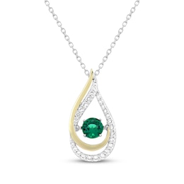 Lab-Created Emerald & White Lab-Created Sapphire Teardrop Necklace Sterling Silver & 10K Yellow Gold 18"