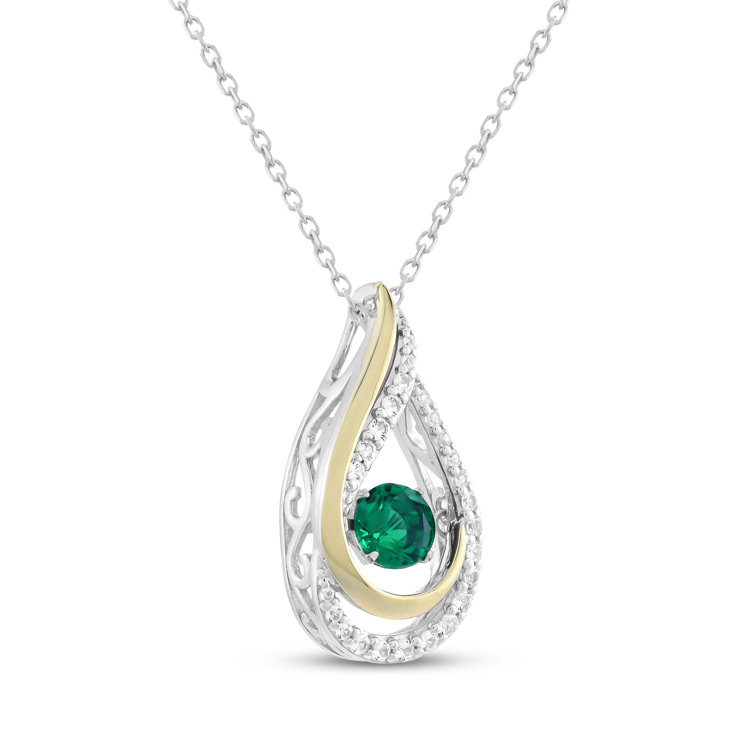 Thumbnail Image 2 of Lab-Created Emerald & White Lab-Created Sapphire Teardrop Necklace Sterling Silver & 10K Yellow Gold 18"