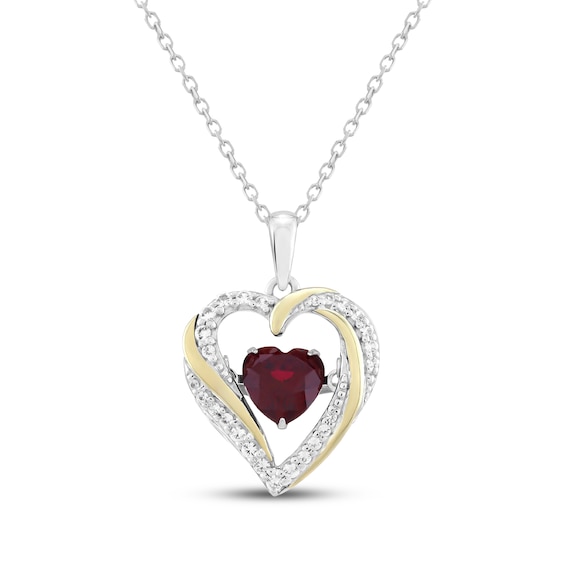 Heart-Shaped Lab-Created Ruby & White Lab-Created Sapphire Heart Necklace Sterling Silver & 10K Yellow Gold 18"
