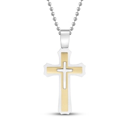 Men's Double Cross Necklace Stainless Steel & Yellow Rhodium 22"