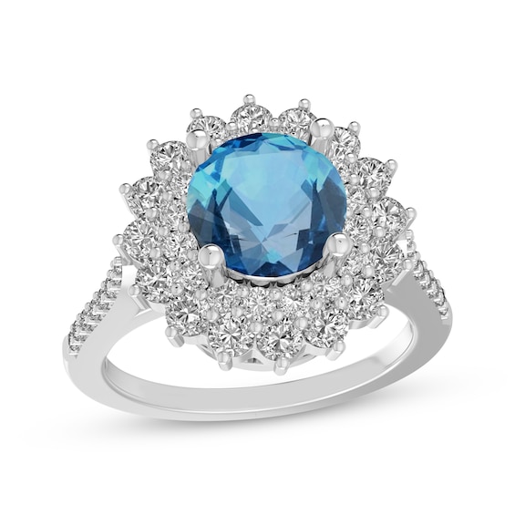 Swiss Blue Topaz & White Lab-Created Sapphire Double Halo Ring Sterling Silver