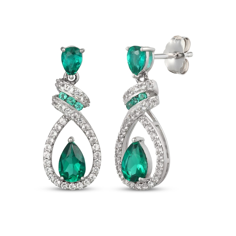 Main Image 1 of Pear-Shaped Lab-Created Emerald & White Lab-Created Sapphire Swirl Teardrop Dangle Earrings Sterling Silver