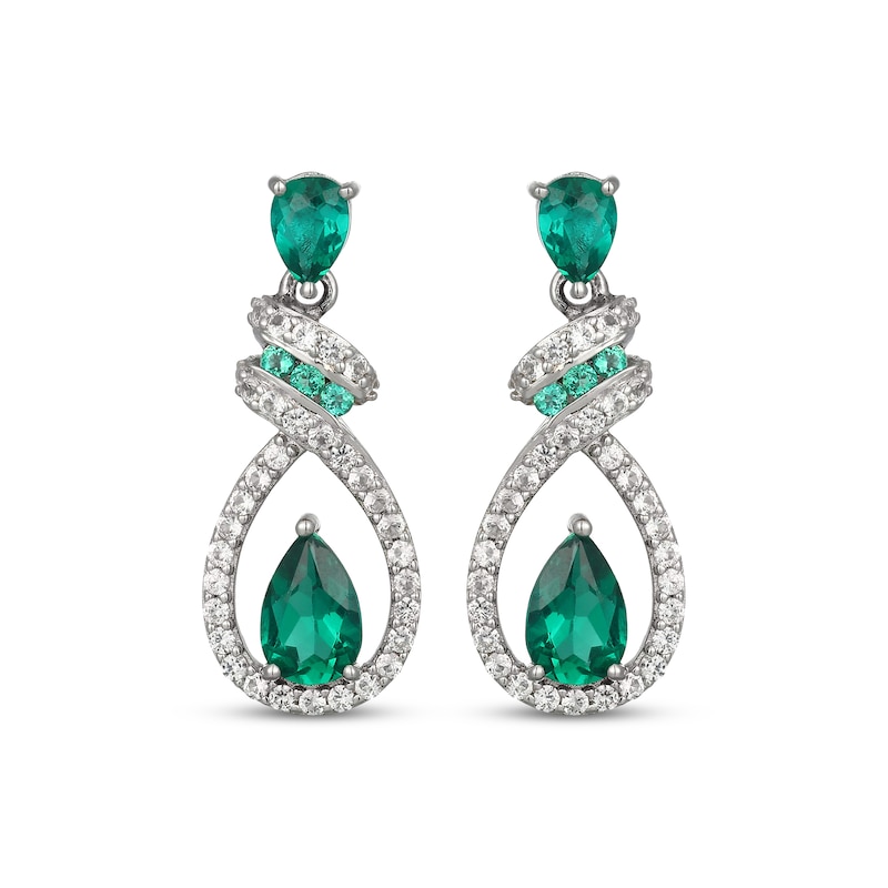 Main Image 2 of Pear-Shaped Lab-Created Emerald & White Lab-Created Sapphire Swirl Teardrop Dangle Earrings Sterling Silver