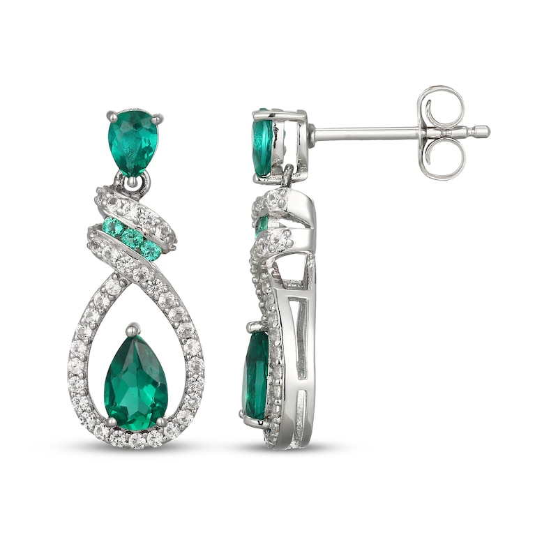 Main Image 3 of Pear-Shaped Lab-Created Emerald & White Lab-Created Sapphire Swirl Teardrop Dangle Earrings Sterling Silver