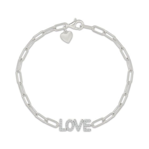 Diamond "Love" Paperclip Chain Bracelet 1/4 ct tw Sterling Silver 7.5"