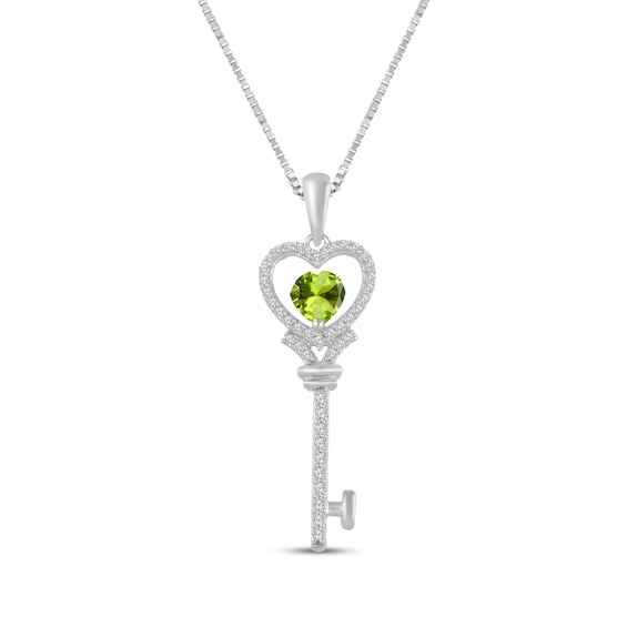 Heart-Shaped Peridot & White Lab-Created Sapphire Key Necklace Sterling Silver 18"