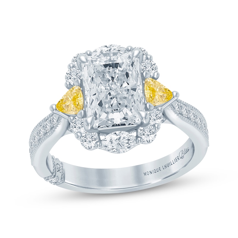 Main Image 1 of Monique Lhuillier Bliss Radiant-Cut White & Yellow Lab-Grown Diamond Engagement Ring 3-1/5 ct tw 18K White Gold