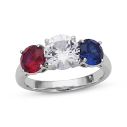White & Blue Lab-Created Sapphire, Lab-Created Ruby Three-Stone Ring Sterling Silver