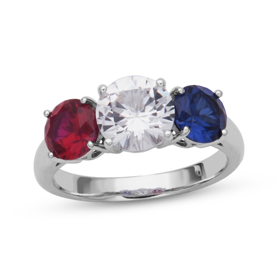 White & Blue Lab-Created Sapphire, Lab-Created Ruby Three-Stone Ring Sterling Silver