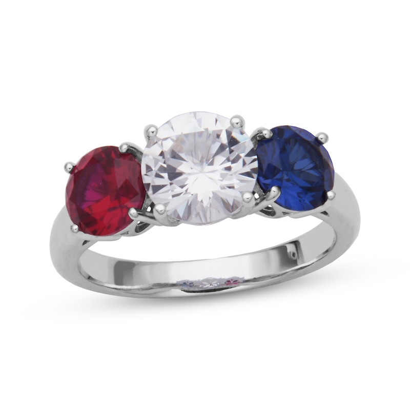 Main Image 1 of White & Blue Lab-Created Sapphire, Lab-Created Ruby Three-Stone Ring Sterling Silver