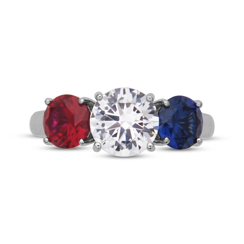 Main Image 3 of White & Blue Lab-Created Sapphire, Lab-Created Ruby Three-Stone Ring Sterling Silver