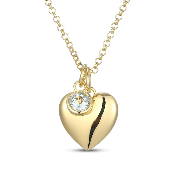 Aquamarine & Puff Heart Charm Toggle Necklace 24K Yellow Gold Vermeil Sterling Silver 18"