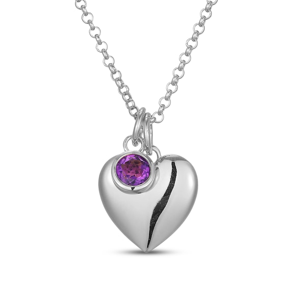Amethyst & Puff Heart Charm Toggle Necklace Sterling Silver 18"