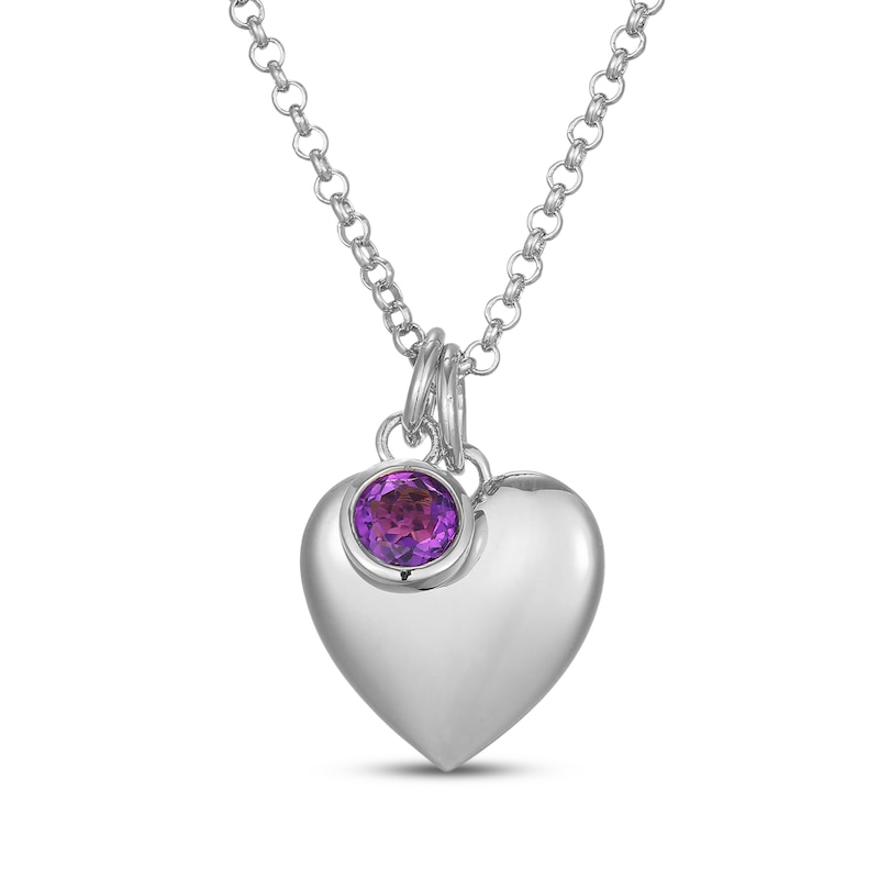 Main Image 1 of Amethyst & Puff Heart Charm Toggle Necklace Sterling Silver 18"