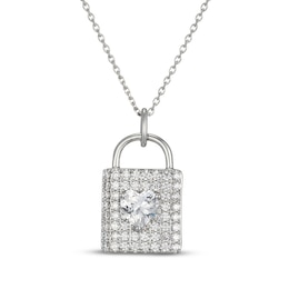 Heart-Shaped & Round-Cut White Lab-Created Sapphire Padlock Necklace Sterling Silver 18"