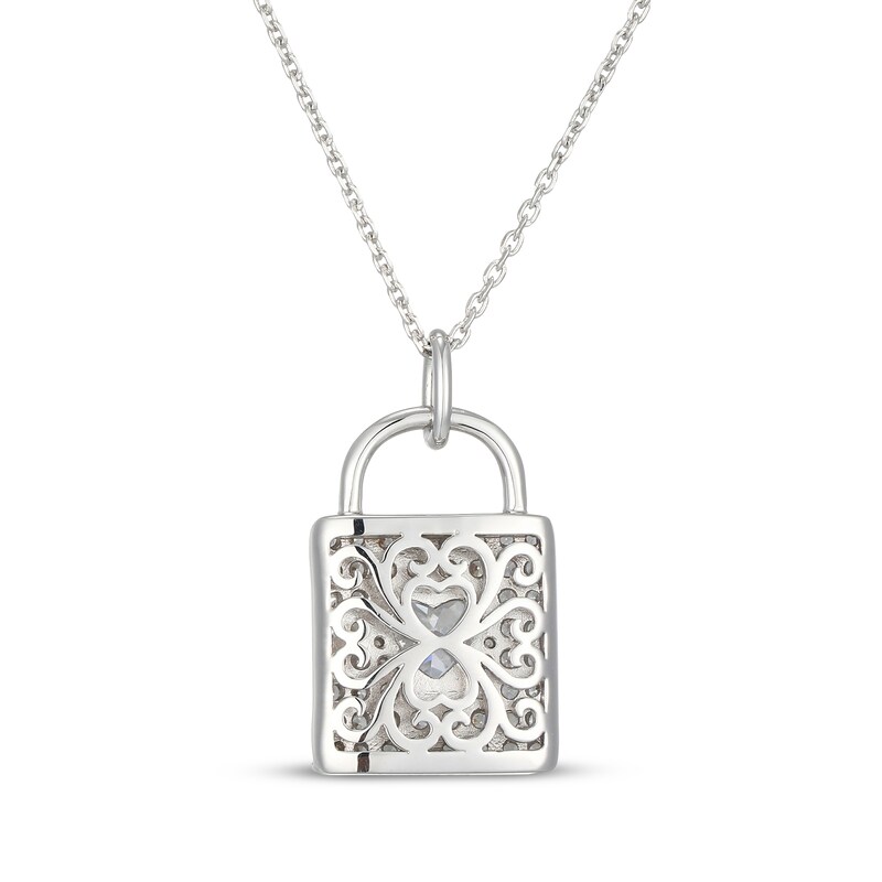 Main Image 3 of Heart-Shaped & Round-Cut White Lab-Created Sapphire Padlock Necklace Sterling Silver 18"