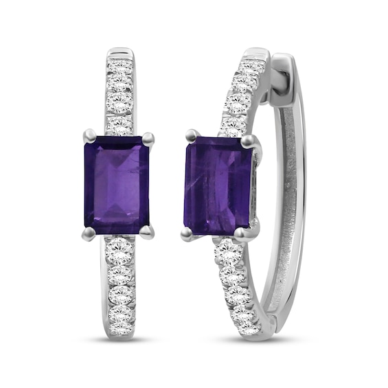 Emerald-Cut Amethyst & White Lab-Created Sapphire Hoop Earrings Sterling Silver