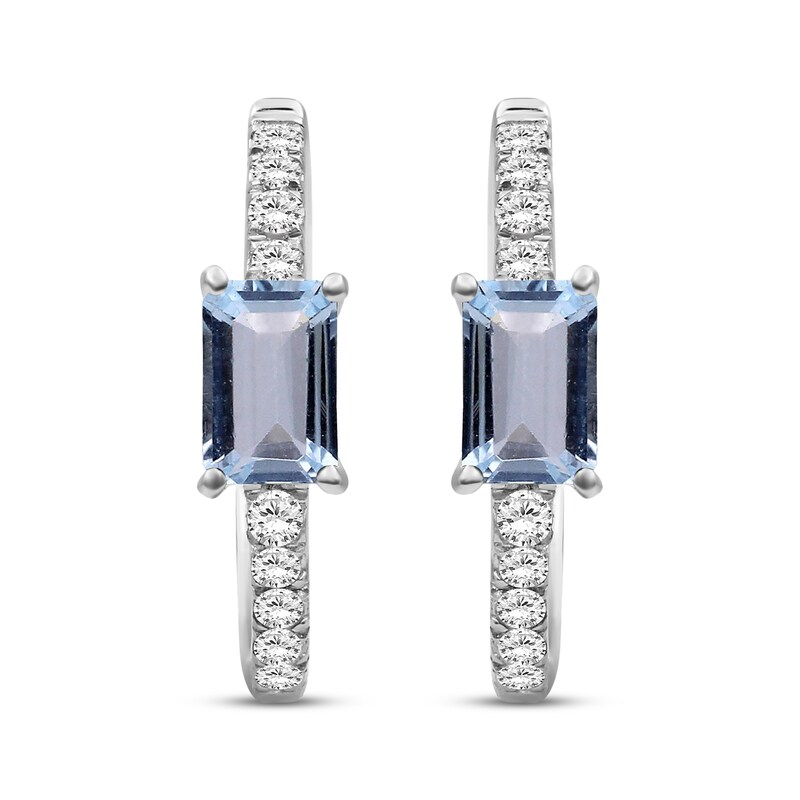 Main Image 2 of Emerald-Cut Sky Blue Topaz & White Lab-Created Sapphire Hoop Earrings Sterling Silver
