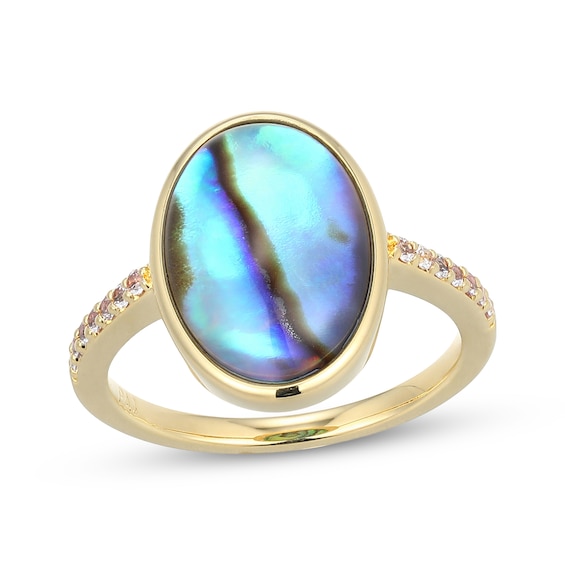 Oval-Shaped Natural Abalone Shell Doublet & White Lab-Created Sapphire Ring 18K Yellow Gold-Plated Sterling Silver