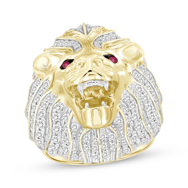 Main Image 1 of Men's Diamond & Lab-Created Ruby Lion Head Ring 2-1/2 ct tw 10K Yellow Gold
