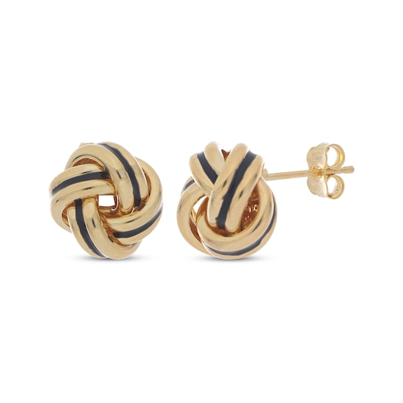 Black Enamel Love Knot Stud Earrings 14K Yellow Gold
