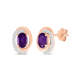 Oval-Cut Amethyst & Diamond Swirl Stud Earrings 1/15 ct tw 10K Rose Gold