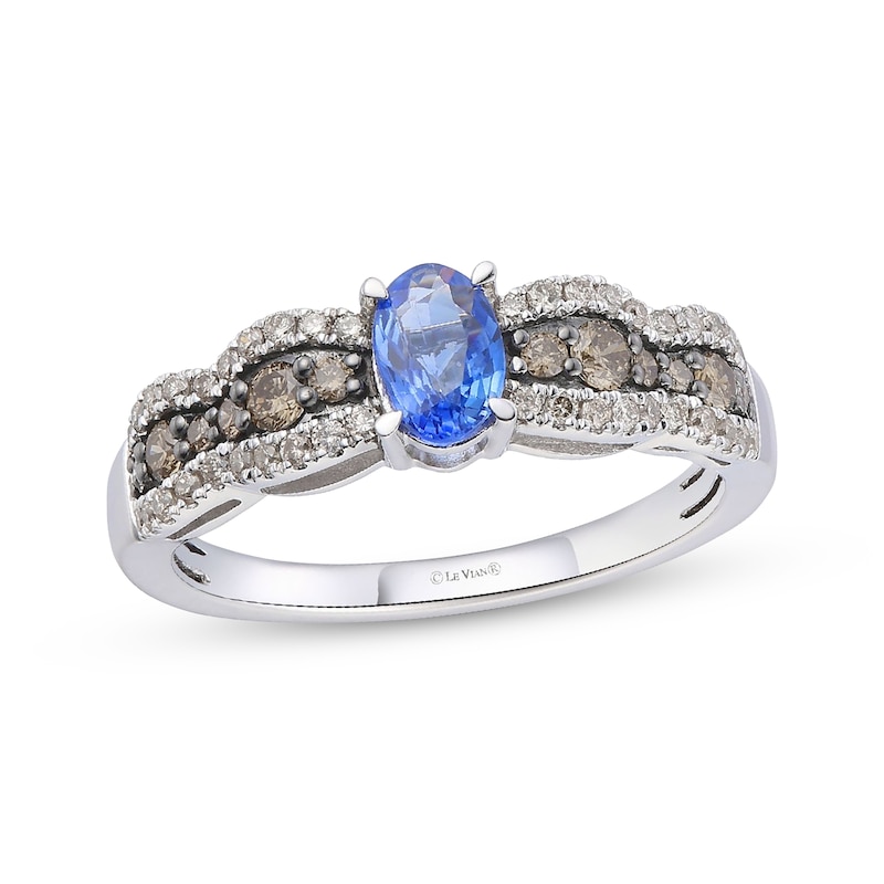 Main Image 1 of Le Vian Chocolate Waterfall Oval-Cut Blue Sapphire Ring 1/2 ct tw Diamonds 14K Vanilla Gold