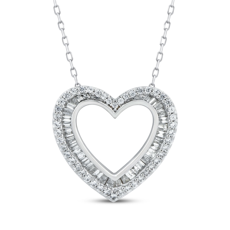 Main Image 1 of Baguette & Round-Cut Diamond Heart Necklace 1/2 ct tw 10K White Gold 18"