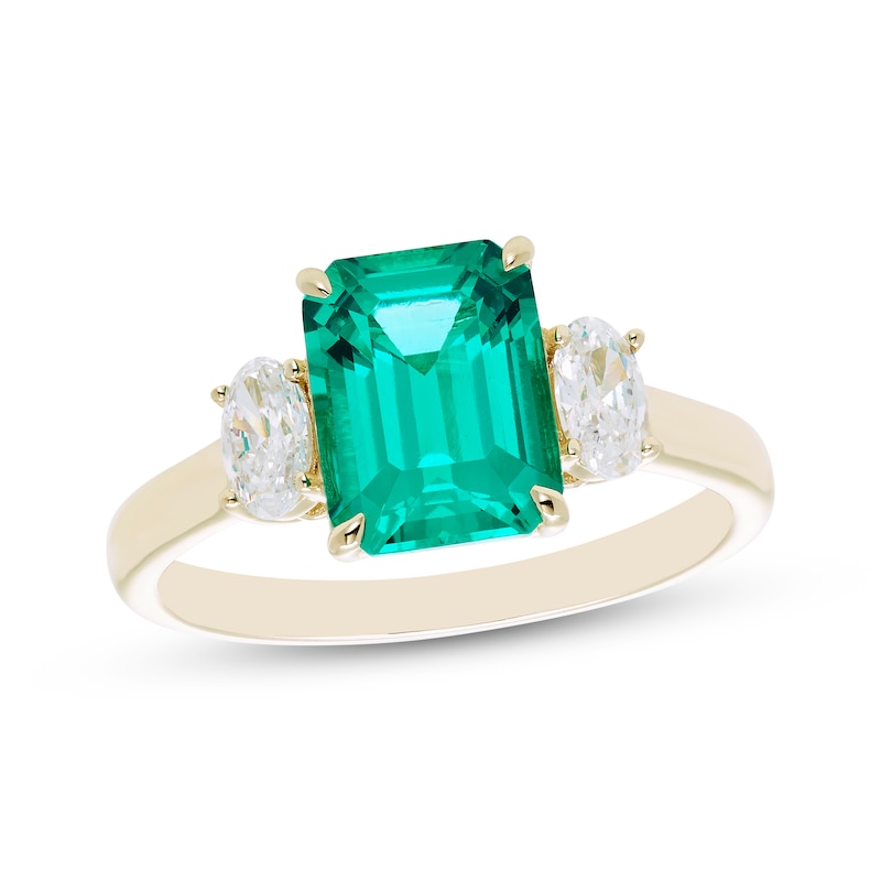 Main Image 1 of Emerald-Cut Lab-Created Emerald & Oval-Cut Lab-Grown Diamond Ring 1/2 ct tw 14K Yellow Gold