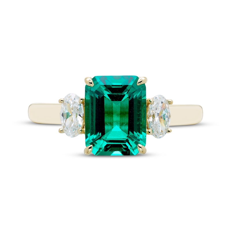 Main Image 3 of Emerald-Cut Lab-Created Emerald & Oval-Cut Lab-Grown Diamond Ring 1/2 ct tw 14K Yellow Gold