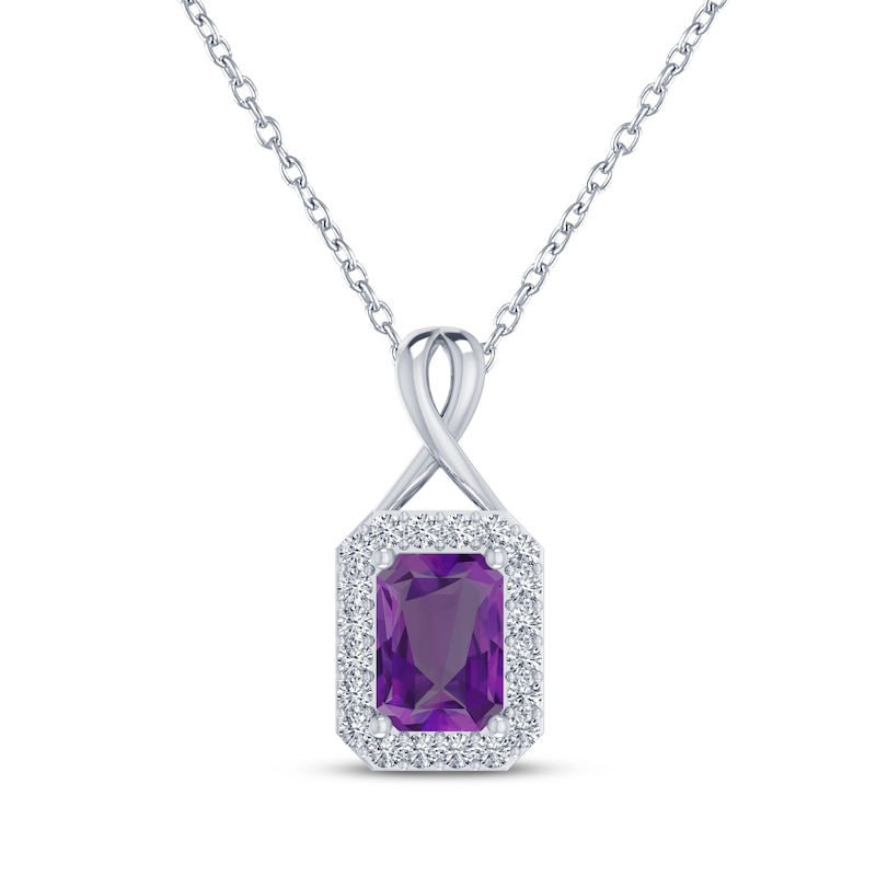 Main Image 1 of Octagon-Cut Amethyst & White Lab-Created Sapphire Halo Necklace Sterling Silver 18"