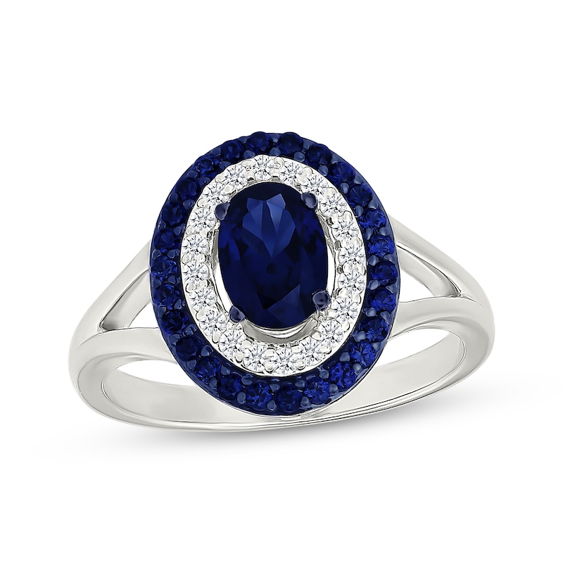 Main Image 1 of Oval-Cut Blue Lab-Created Sapphire & White Lab-Created Sapphire Halo Ring Sterling Silver
