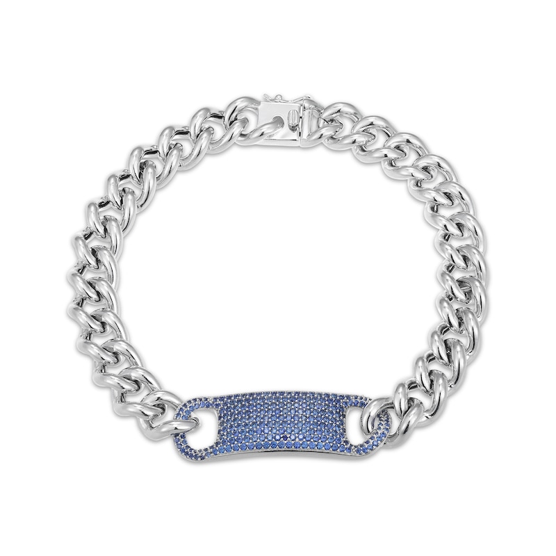 Main Image 1 of Men's Blue Sapphire Curb Chain Bracelet Sterling Silver 8.5"