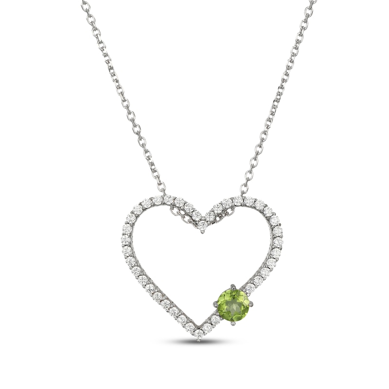 Main Image 1 of Peridot & White Lab-Created Sapphire Heart Necklace Sterling Silver 18"