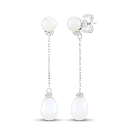 Cultured Pearl & White Lab-Created Sapphire Chain Drop Earrings Sterling Silver