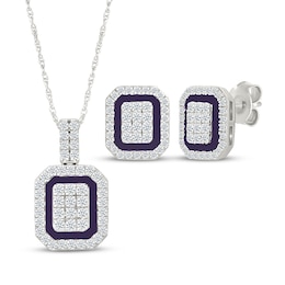 Multi-Diamond & Purple Enamel Octagon Frame Gift Set 1/3 ct tw Sterling Silver