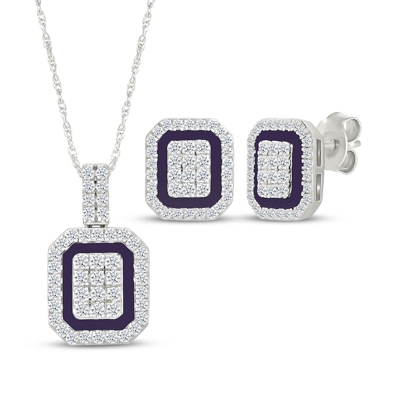 Main Image 1 of Multi-Diamond & Purple Enamel Octagon Frame Gift Set 1/3 ct tw Sterling Silver